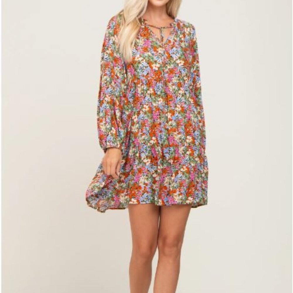 Spring Floral Tiered Dress tiered body and bubble sleeves